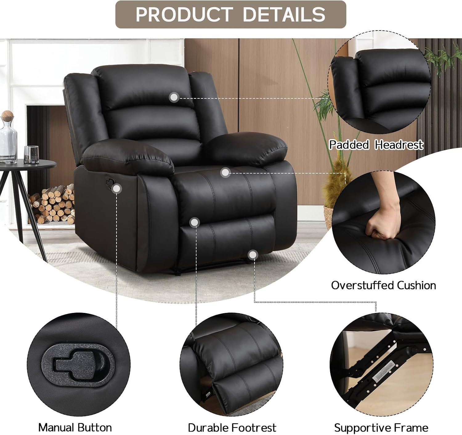 EBELLO Manual Recliner Chair, Faux Leather Reclining Chair with Hidden Cup Holders, Overstuffed Armrests and Back, Manual Single Sofa for Adult, Black