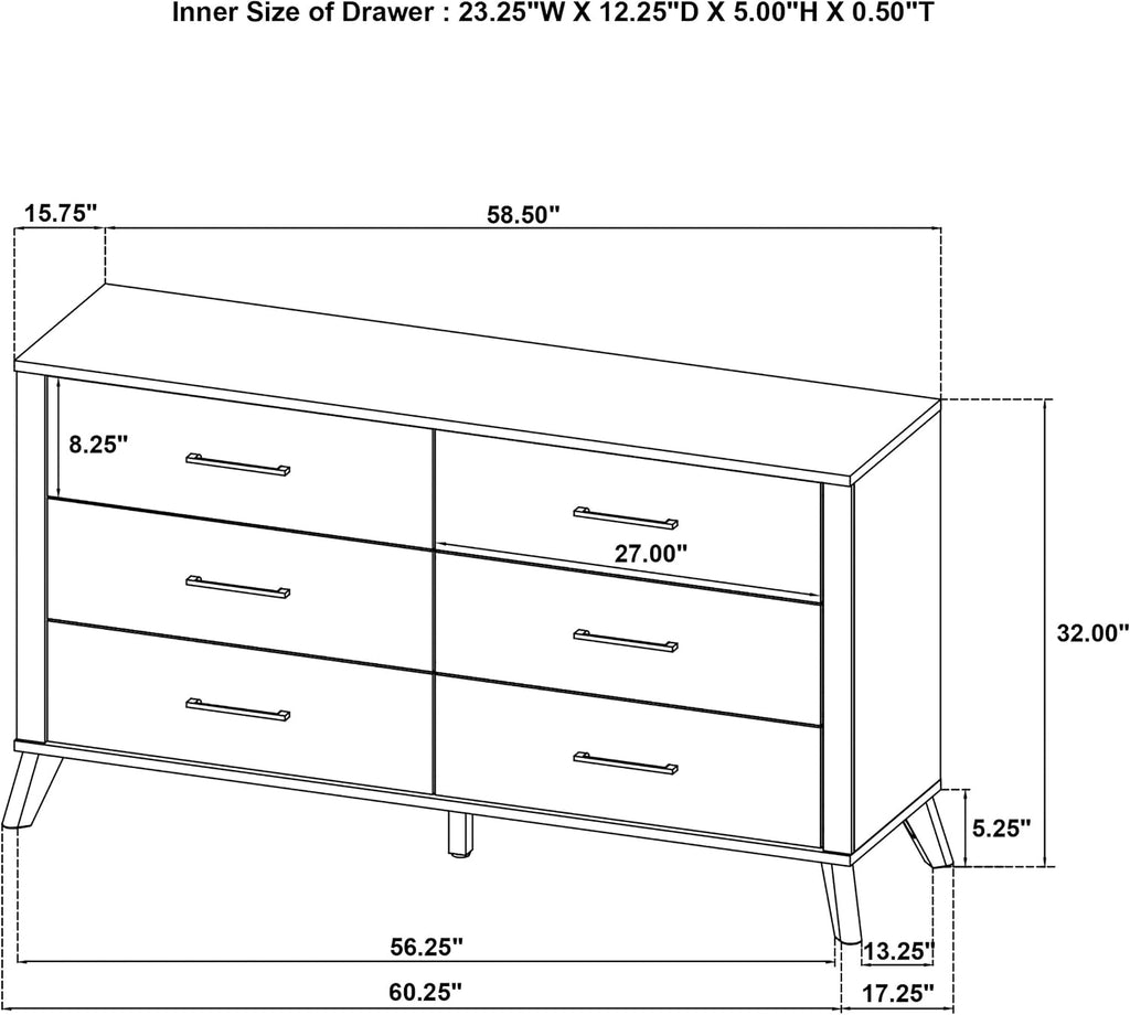Coaster Home Furnishings - Kaywood - Engineered Wood - 6-Drawer Dresser with Mid-Century Modern Style, Two-Tone Design, Black Pull Handles, Weathered Brown Top Finish - Bedroom - Natural Pine - 225003