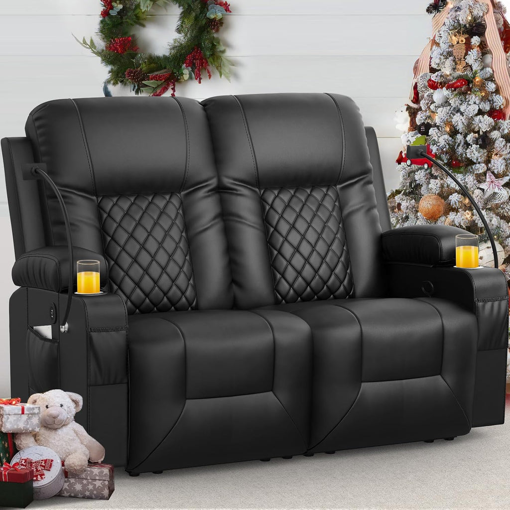 FURNIMAT Loveseat Recliner Sofa, 2 Seater Reclining Loveseat sofa, PU Leather RV Loveseat Couch, FSC Certified Recliner Chair for Living Room, with Cup Holder and 2 Cell Phone Holder, USB Ports, Black