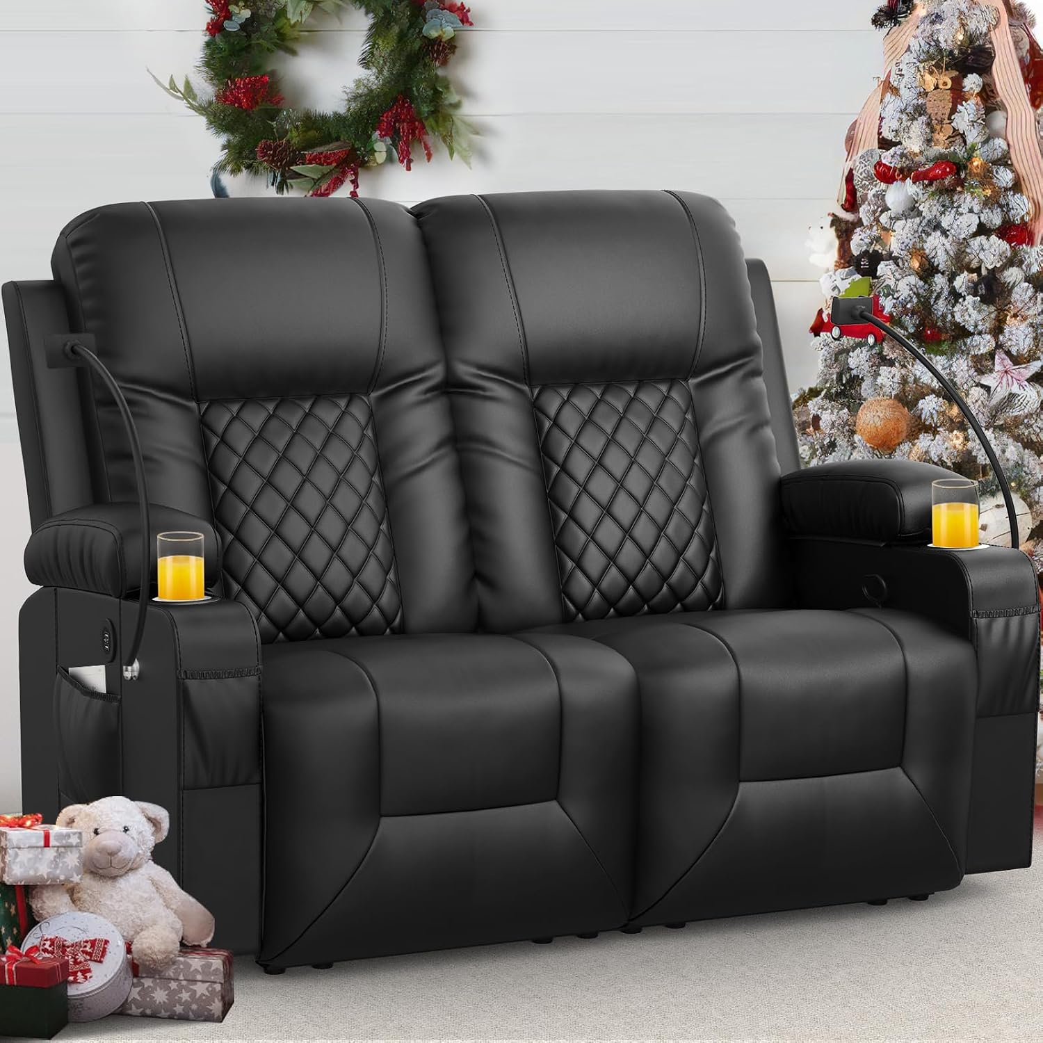 FURNIMAT Loveseat Recliner Sofa, 2 Seater Reclining Loveseat sofa, PU Leather RV Loveseat Couch, FSC Certified Recliner Chair for Living Room, with Cup Holder and 2 Cell Phone Holder, USB Ports, Black