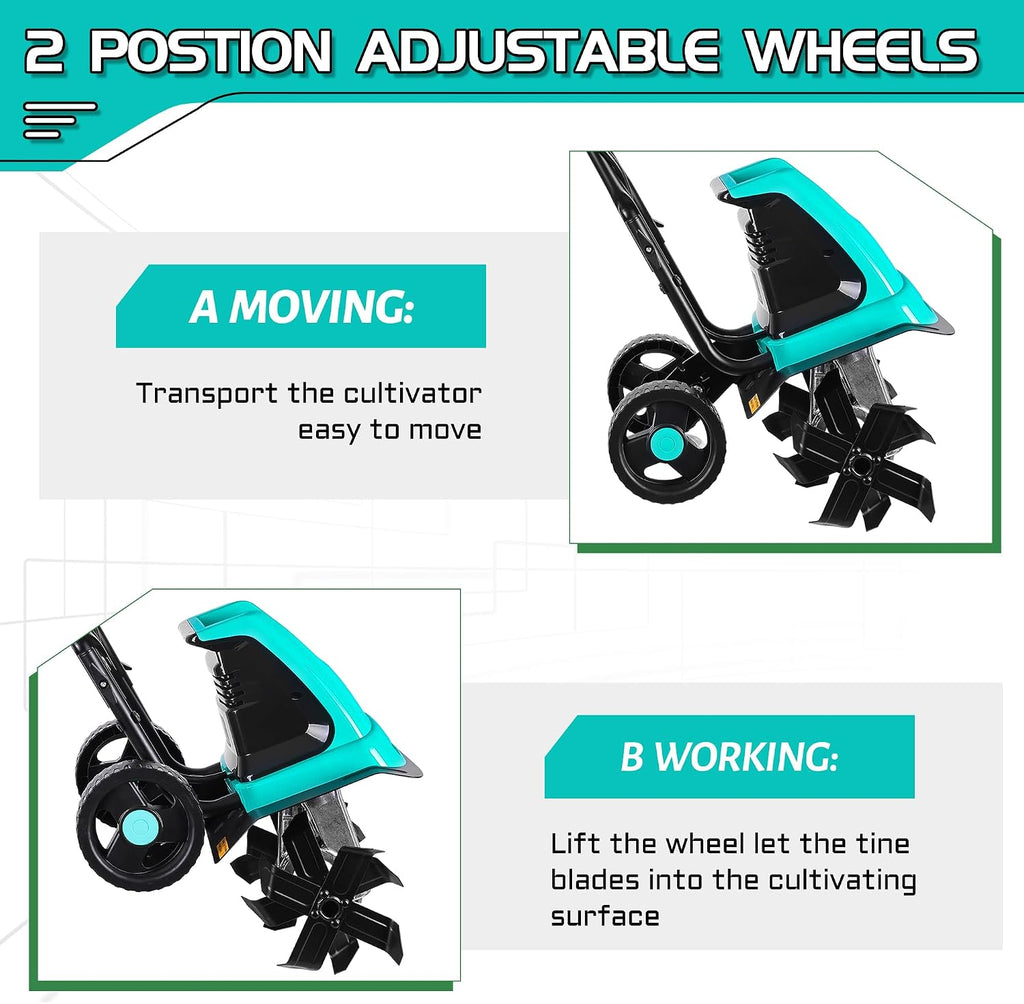 IncwBo 15 Amp 12 Inch Electric Tiller/Cultivator with 4 Steel Tines Small Garden Tiller for Gardening, Corded Rototiller with Adjustable Wheels