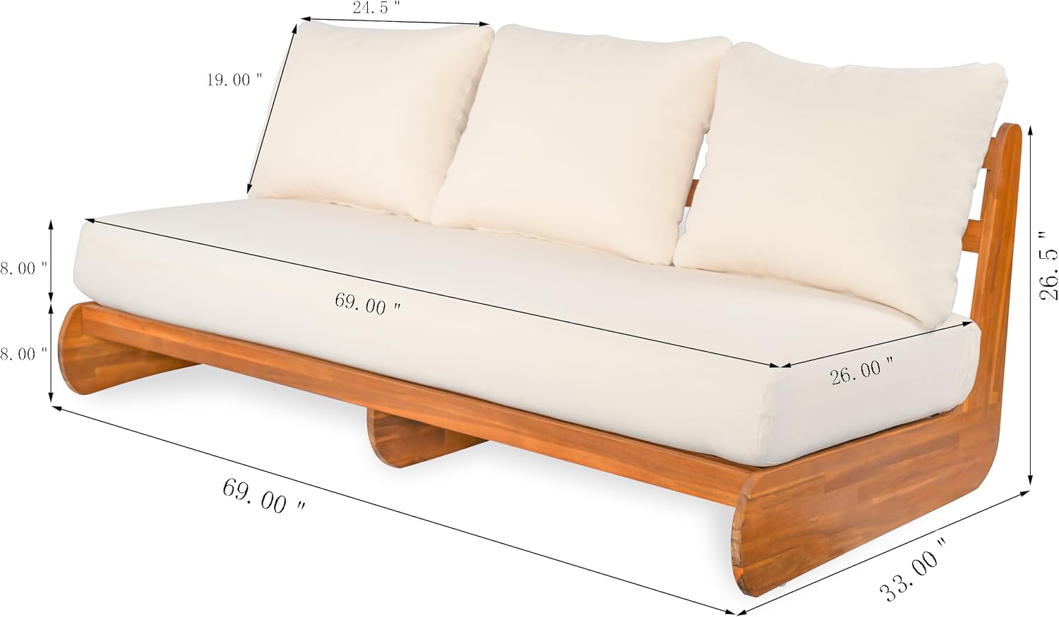 Christopher Knight Home Poppy Acacia Wood Outdoor 3 Seater Sofa with Cushion, Wooden Patio Sofa Couch with Cushion, Comfy Armless Cloud Sofa Couch, Patio Furniture Sofa Set, Teak+Beige