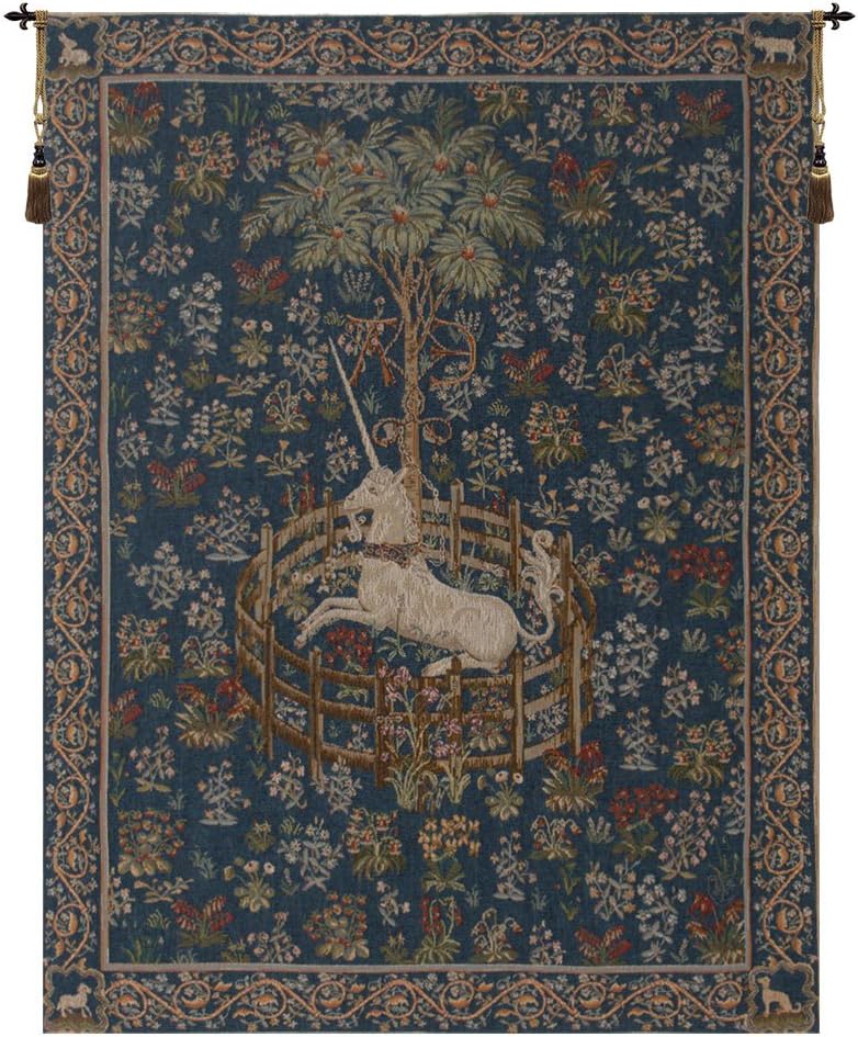 Charlotte Home Furnishings Inc. Licorne Captive Blue French Tapestry Wall Hanging 58 X 44 Inch Viscose Cotton And Polyester Blend Wall Art Perfect For Home Decor Room Decor And Wall Decor