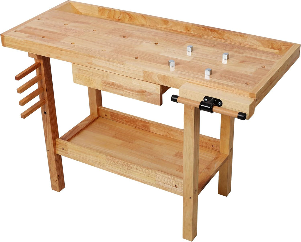 Montary 48' Wood Workbench, Heavy Duty Woodworking Bench with Adjustable Handle, 330Lbs Load Capacity Woodworking Table Work Bench with Drawer & Shelf for Garage, Workshop, Home Storage