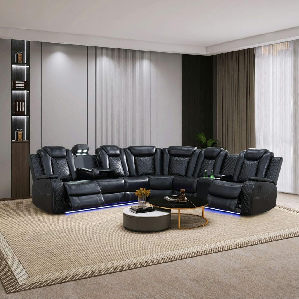Reclining Sectional, Power Sectional Couch, Leather Sofa Set for Living Room, Comfy Home Theater Seating with USB 2.0 Charging Ports, LED Light Strips, Fold-Down Table & Cupholders (Black, 3-Piece)