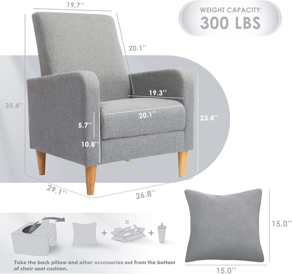 COLAMY Modern Accent Living Room Chairs Set of 2, Upholstered Fabric Armchair Reading Side Chair, Single Sofa with Back Pillow, Light Grey