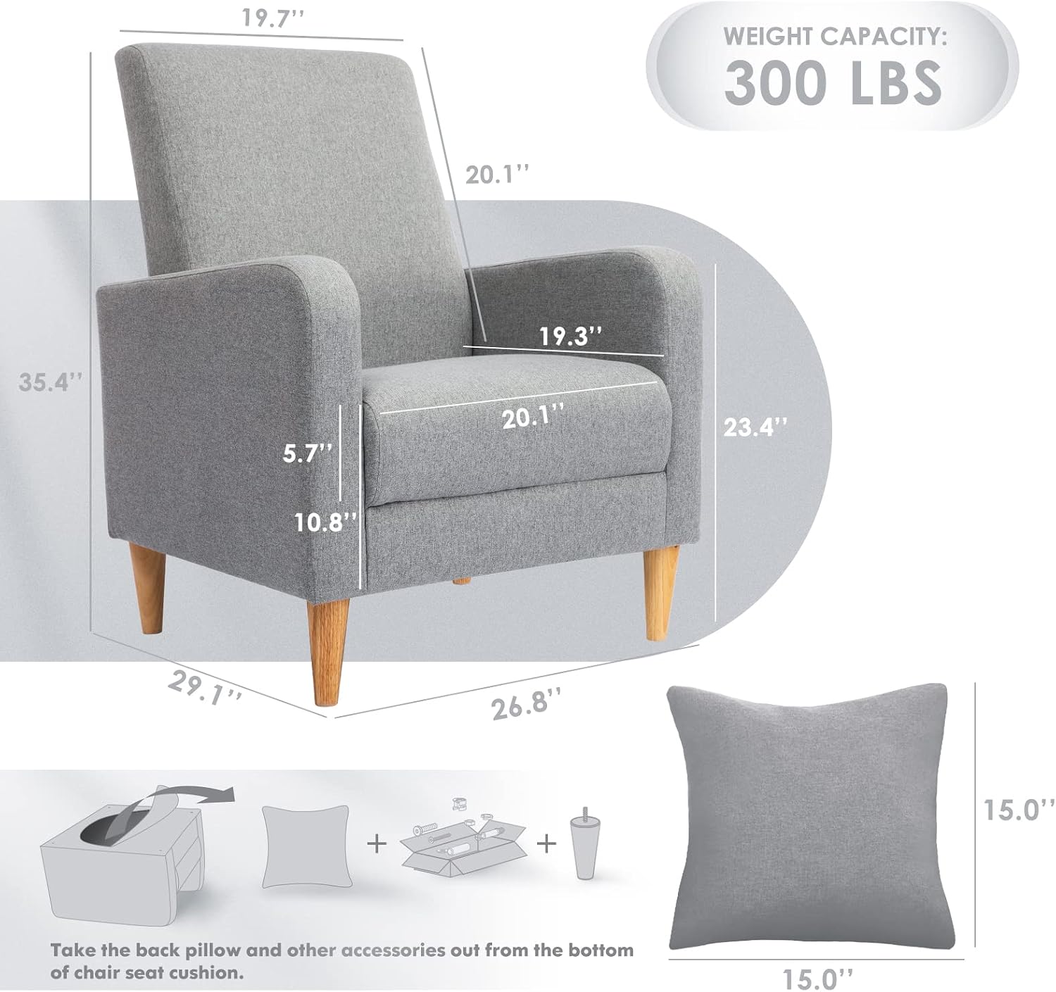 COLAMY Modern Accent Living Room Chairs Set of 2, Upholstered Fabric Armchair Reading Side Chair, Single Sofa with Back Pillow, Light Grey