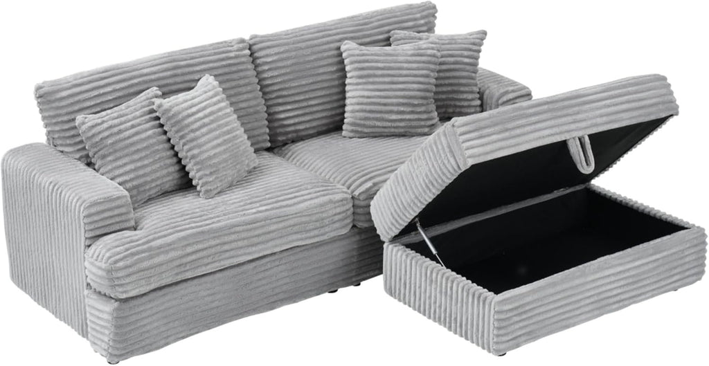 KEIKI 88.58 inch Corduroy Sofa, Wide Corduroy Sofa Chair with Storage Feet and 4 Throw Pillows, Sleeper Couch for Living Room, Apartment, Salon, Home Theater, Gray