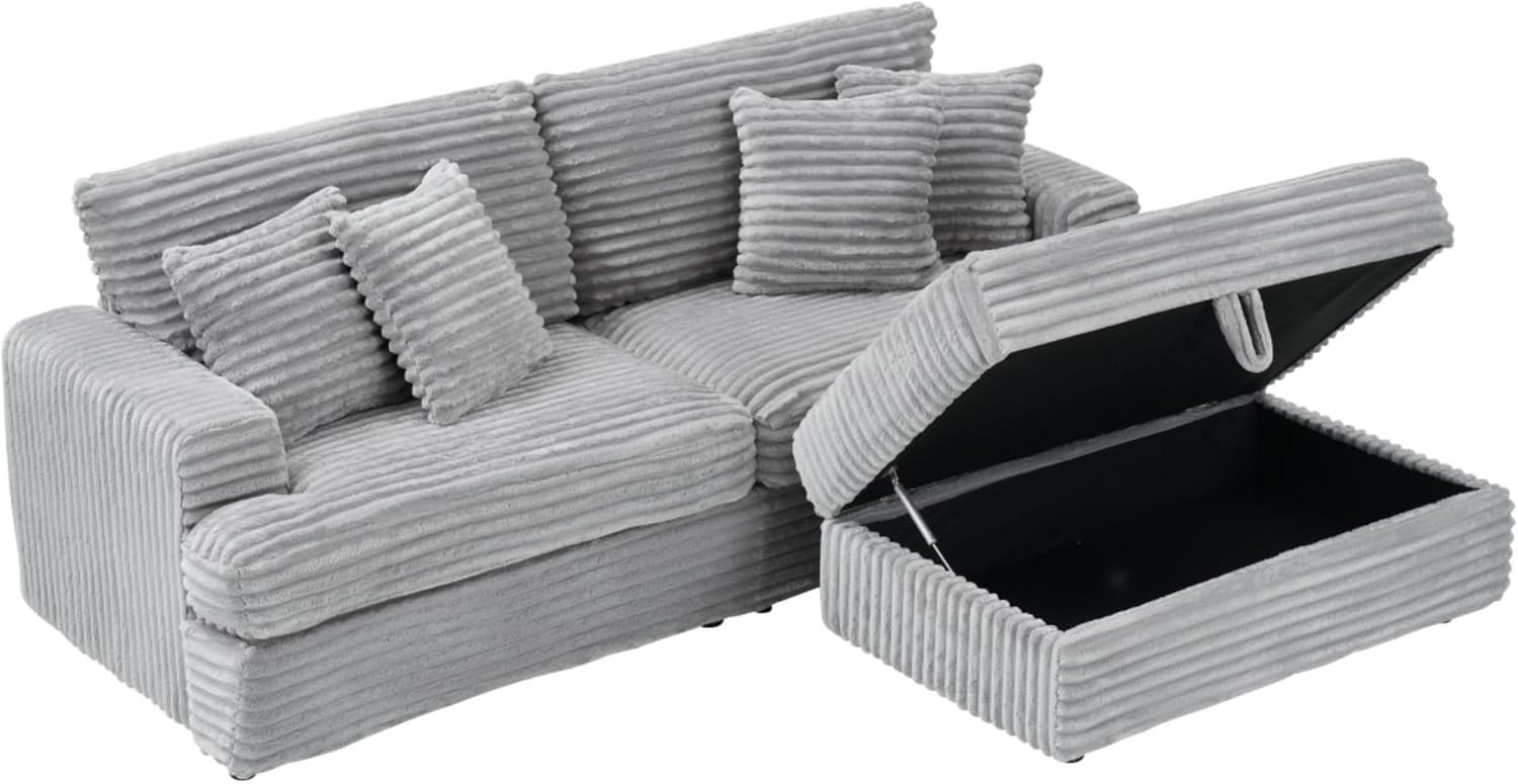 KEIKI 88.58 inch Corduroy Sofa, Wide Corduroy Sofa Chair with Storage Feet and 4 Throw Pillows, Sleeper Couch for Living Room, Apartment, Salon, Home Theater, Gray