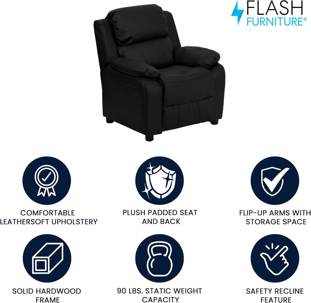 Flash Furniture Charlie LeatherSoft Kids Recliner with Flip-Up Storage Arms and Safety Recline, Contemporary Reclining Chair for Kids, Supports up to 90 lbs., Black