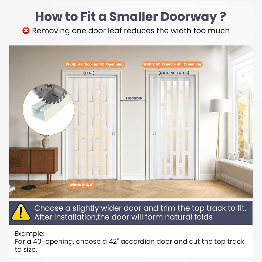 DIYHD 32X96in Glass Accordion Door with Latch&Handle, Double-Layer Thickened PVC Folding Interior Door with Frosted Acrylic - Blocks Views, Lets Light In, Easy Install for Closet, Utility&Room Divider