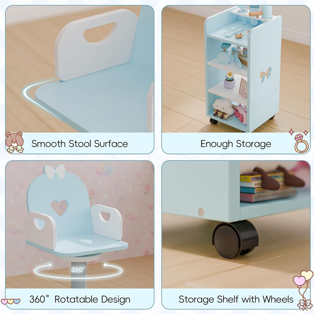 Ice Blue Kids Vanity Set with Light and Barber Chair, Makeup Dressing Vanity Table with Storage Shelf and Hair Salon Play Set 7 pcs Accessories, Pretend Play Vanity Set for Toddler Girls