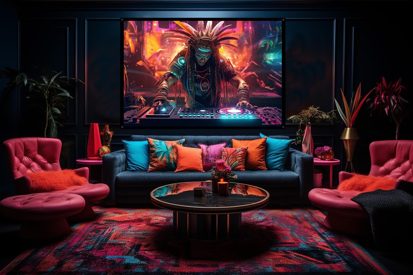 Cyberpunk Inca Shaman DJ, UV tapestry, Blacklight Reactive Wall Hanging, Neon Backdrop, Party Decor, Psychedelic Tapestry, Visionary Wall Art (Large)