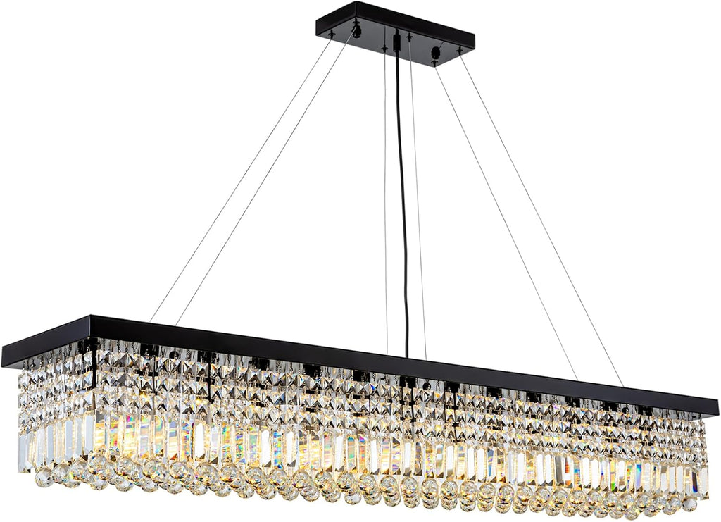 7PM Rectangle K9 Crystal Chandelier, 13-Light Modern Dining Room Linear Ceiling Chandelier, Rectangular Pendant Lighting Fixture for Kitchen Island Bedroom, Black Finish L59'' x W10'' x H9''