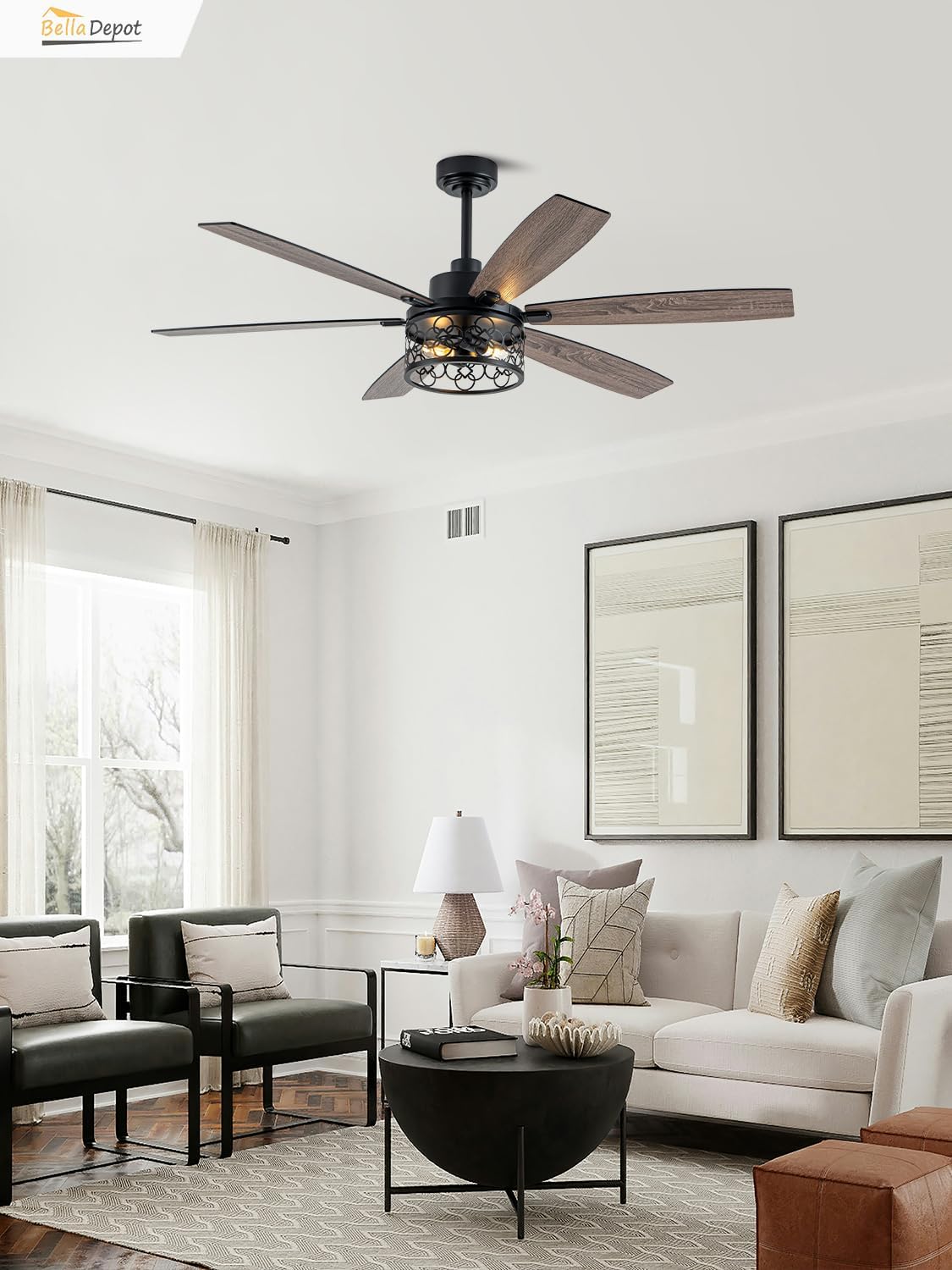 Bella Depot 60' Ceiling Fan with Light Farmhouse Caged Chandelier Fan with Remote Vintage Rustic Indoor Fandelier with Silent Motor for Dining Living Room Bedroom, (Bulbs not Included)