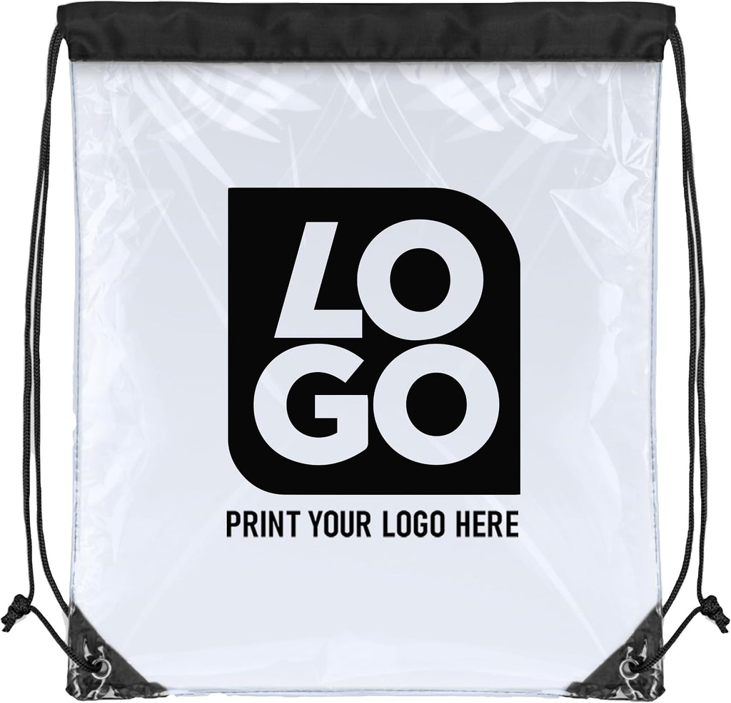 USMG Personalized Clear Drawstring Bags – Custom One Color Imprint for Business & Events (Clear/Black, QTY 50)