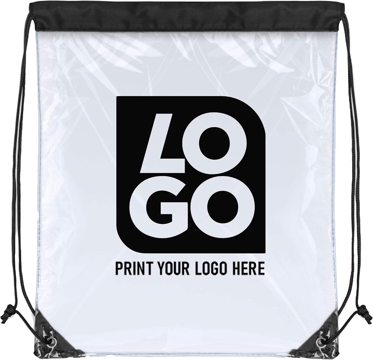 USMG Personalized Clear Drawstring Bags – Custom One Color Imprint for Business & Events (Clear/Black, QTY 50)