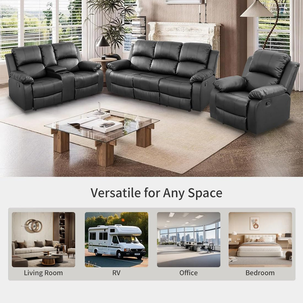 Manual Reclining Couch Sofa Set with Drop-Down Table, 3 Pieces Black Leather Recliner Couch Sets, Living Room Furniture Sets, Recliner Sofa with Storage Console/Cup Holder for Home/Apartment