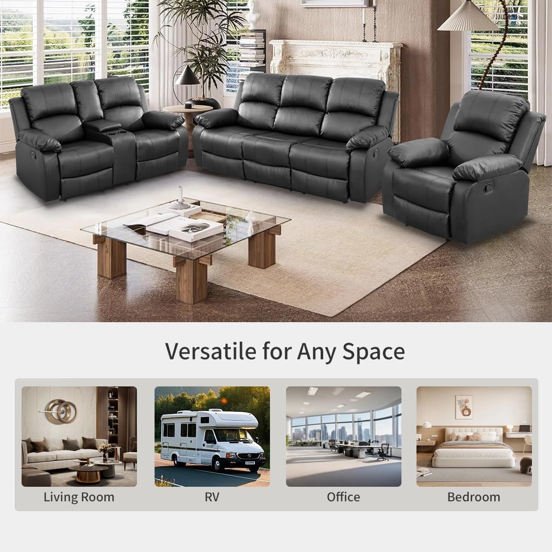 Manual Reclining Couch Sofa Set with Drop-Down Table, 3 Pieces Black Leather Recliner Couch Sets, Living Room Furniture Sets, Recliner Sofa with Storage Console/Cup Holder for Home/Apartment