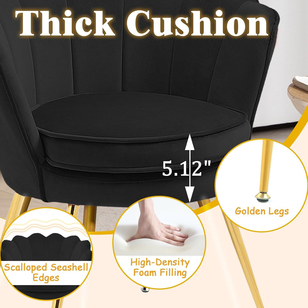 Czlolo Accent Chairs Set of 2 for Living Room, Velvet Upholstered Makeup Room Vanity Chair with Back, Golden Metal Legs Small Accent Side Chair for Bedroom, Cloud Chair Set, 2 Pcs Black