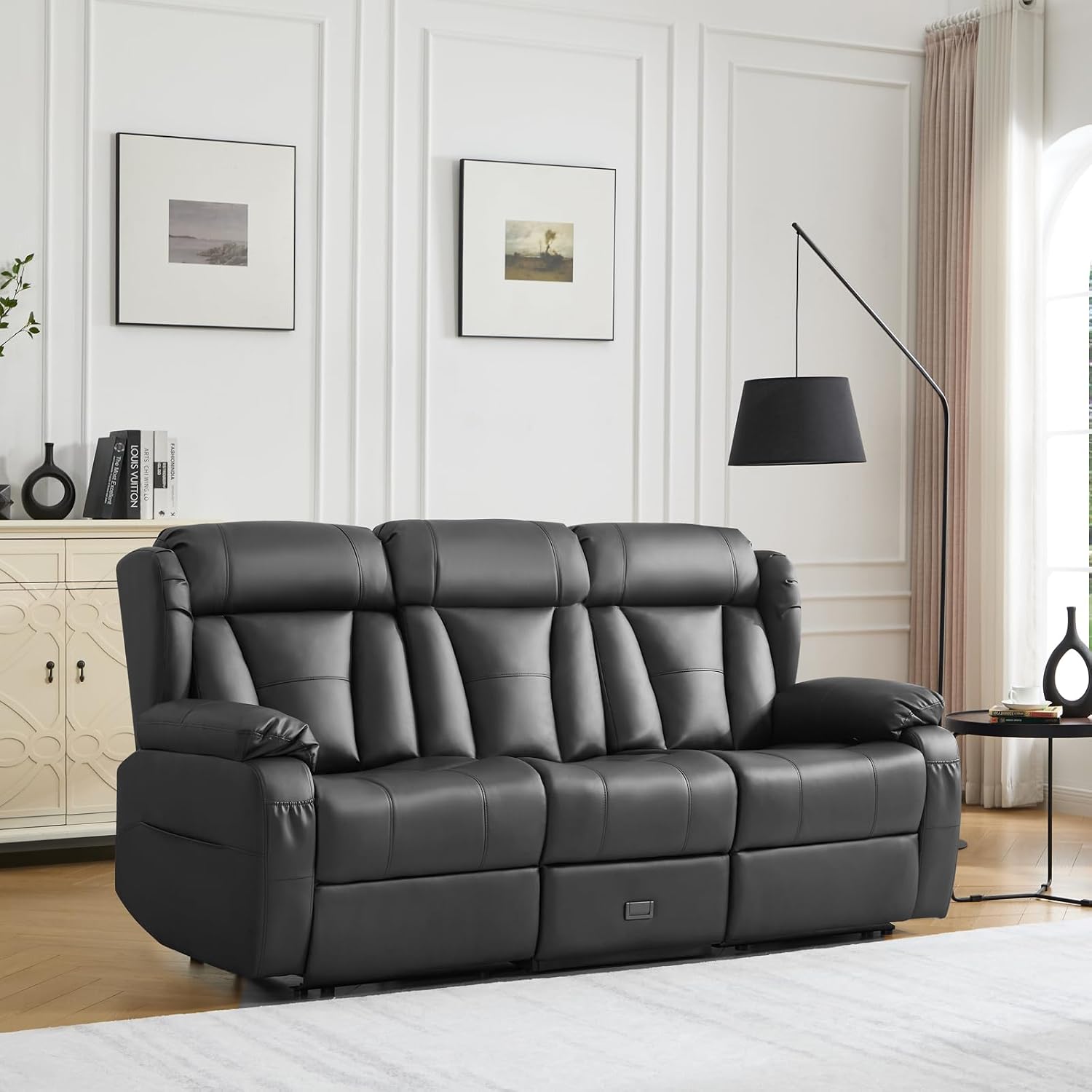 Loveseat Recliner Sofa,3 Seater RV Recliner Couch, Manual Reclining Loveseat with Console for Living Room, Home Theater Seating with AC/USB C/USB and Drawer (Black, 3 Seater)