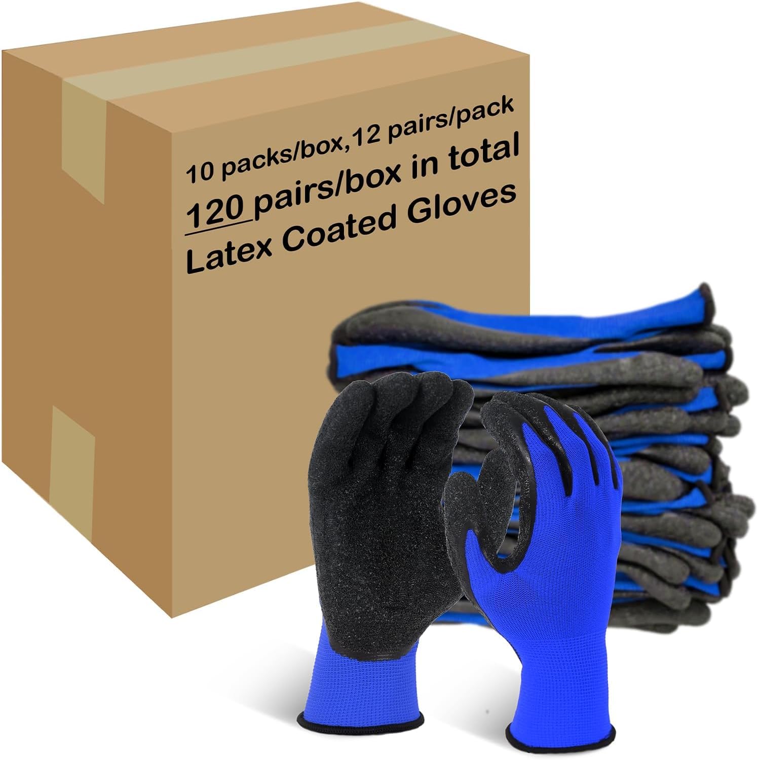 Evridwear Crinkle Latex Rubber Hand Coated Safety Work Gloves for Men Women General Multi Use Construction Warehouse Gardening Assembly Landscaping,Large Blue 120 Pairs Pack