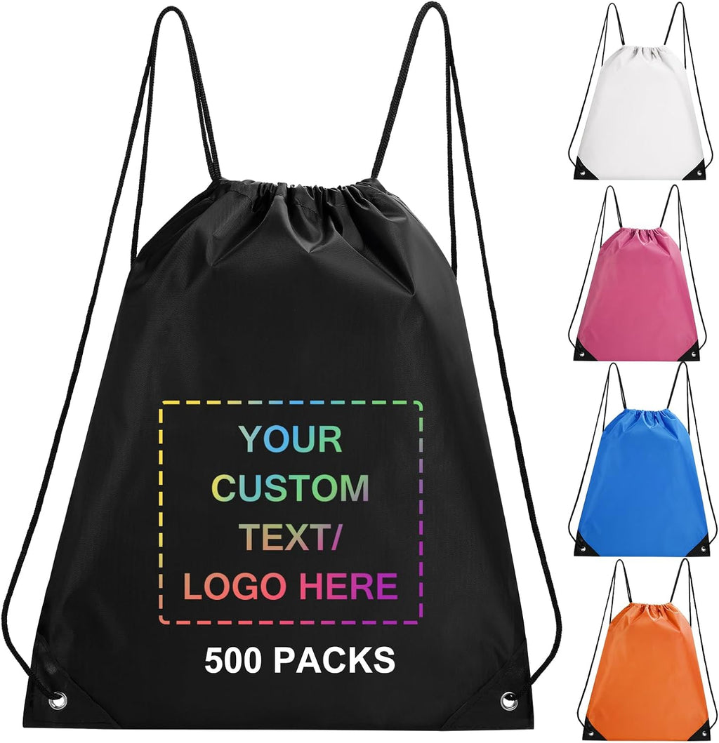 Fyore Custom Drawstring Bags with Logo Text, 500 Pack Bulk Personalized Promotional Items with Your Logo, 420D Polyester Customize Cinch Sack Bags for Travelling, Gym, Business Events, Daily Use