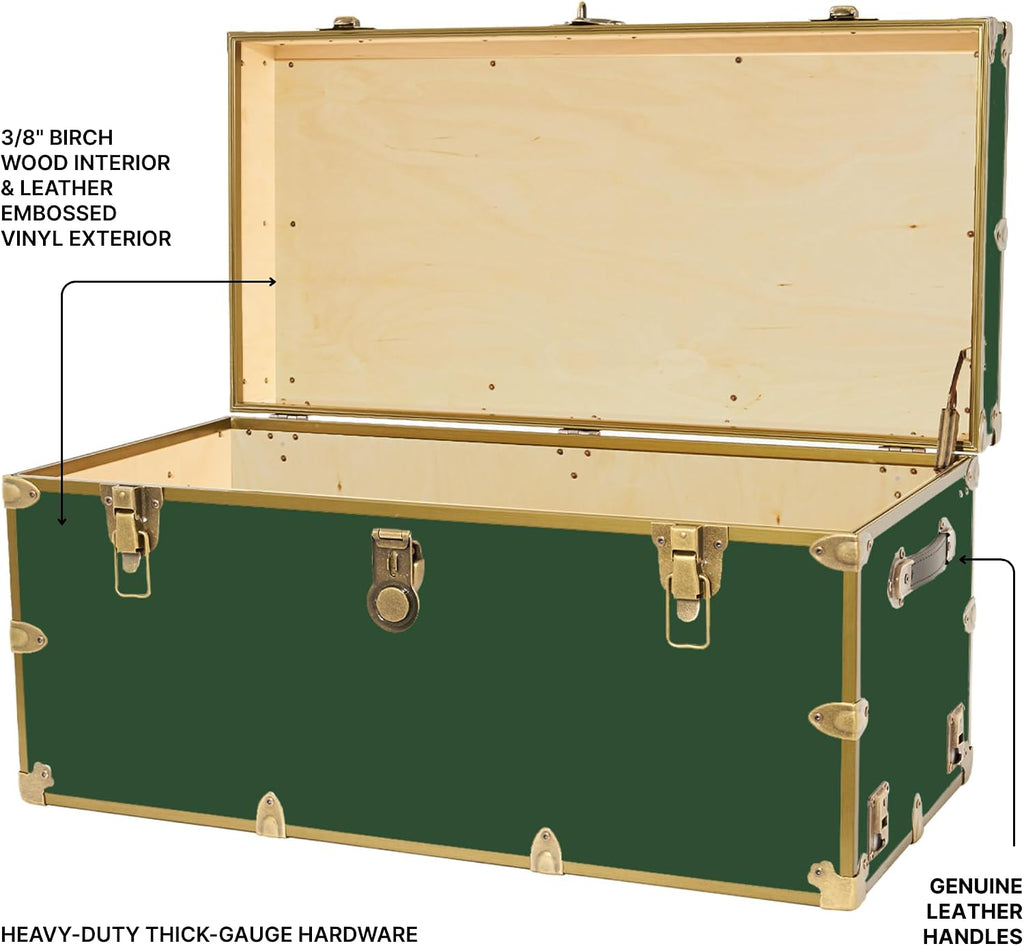 Rhino Trunk & Case Classic XXL College Trunk with Wheels, Antique Brass Hardware, Soft Close - 36'x18'x18', Seats 1500+ lbs, USA Made Secure Dorm Footlocker, Home Storage, Steamer Style Blanket Chest