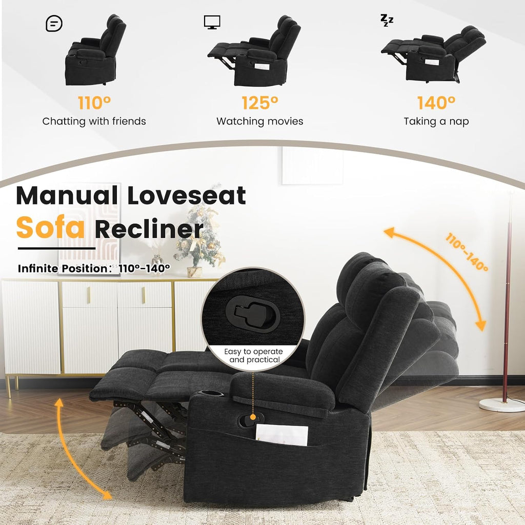 Loveseat Recliner, Double Recliner Loveseat with Adjustable Footrest & Cup Holder, Wall Hugger Recliner for Living Room & Home Theater & RV(Black)