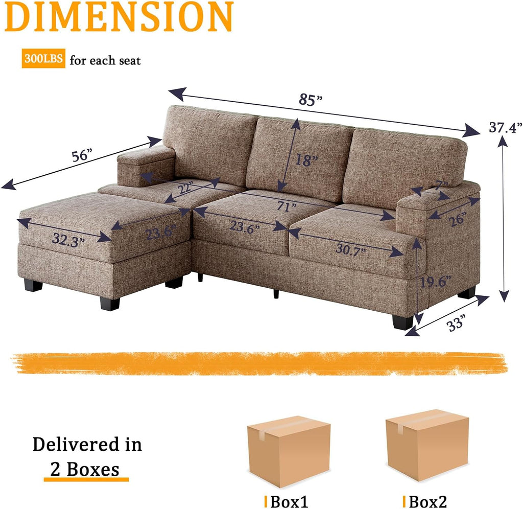 Rexulqo 85'' L Shaped Couch with Armrest Organizer,3 Seats Sofas with Movable Ottoman,Comfy Sectional Sofa with Thick Cushion,Sectional Couches for Living Room,Bedroom,Apartment,Chenille,Brown