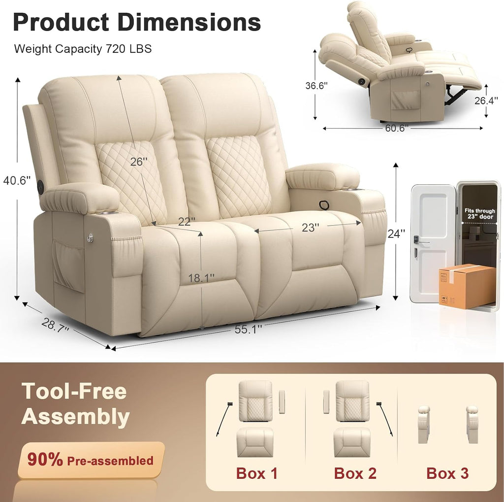 FURNIMAT 2026 Fabric Loveseat Recliner Sofa, 2 Seater Reclining Loveseat Sofa, RV Loveseat Couch, Modern Recliner Chair for Living Room, with Cup Holder and 2 Cell Phone Holders, USB Ports, Beige