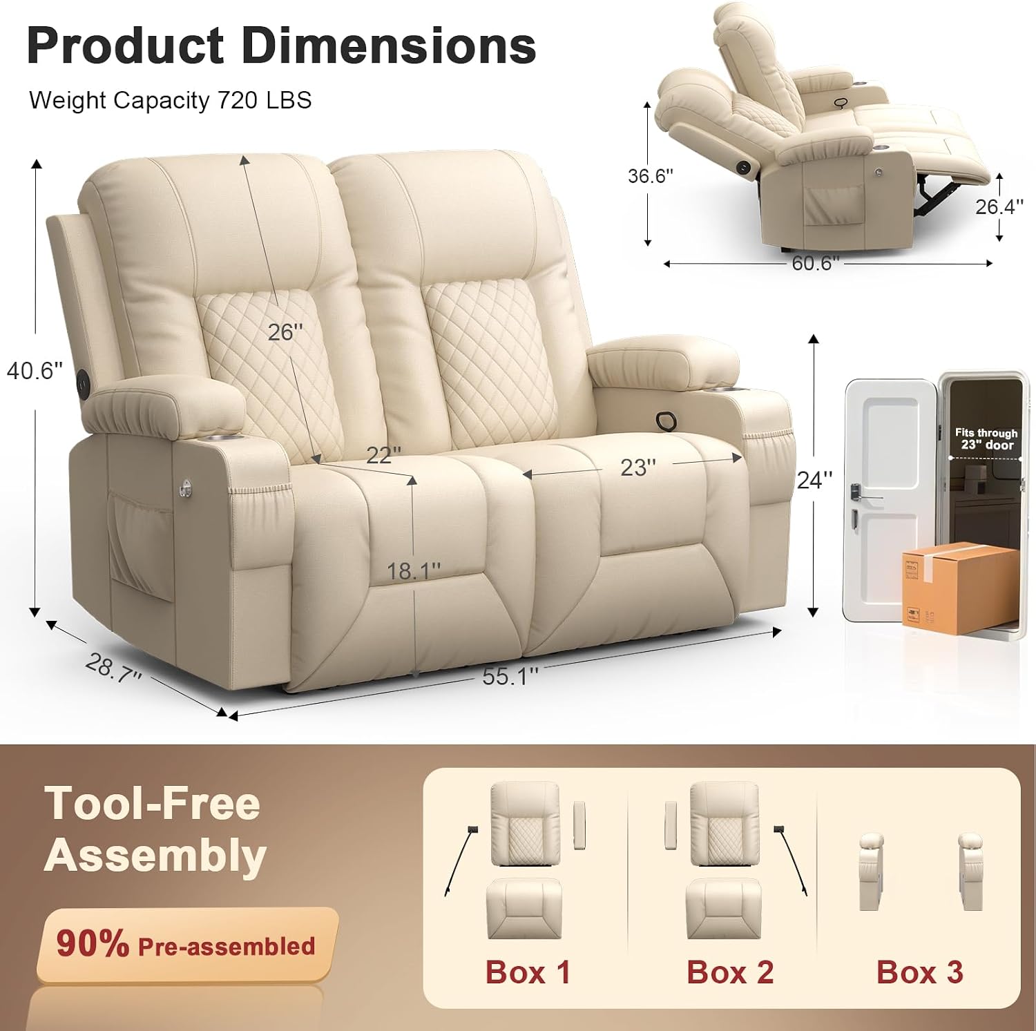 FURNIMAT 2026 Fabric Loveseat Recliner Sofa, 2 Seater Reclining Loveseat Sofa, RV Loveseat Couch, Modern Recliner Chair for Living Room, with Cup Holder and 2 Cell Phone Holders, USB Ports, Beige