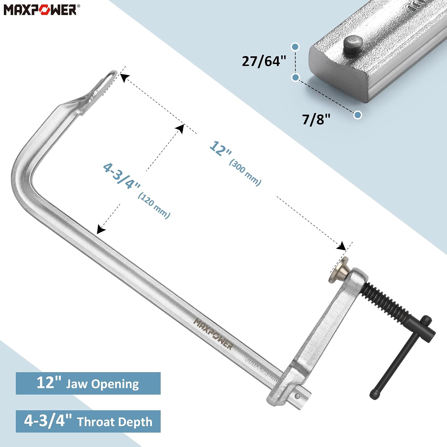 MAXPOWER 12 inch F Clamps, 4-3/4' Throat, 1200 LBS Clamping Pressure, Full Steel Bar Clamps for Welding, Pack of 10