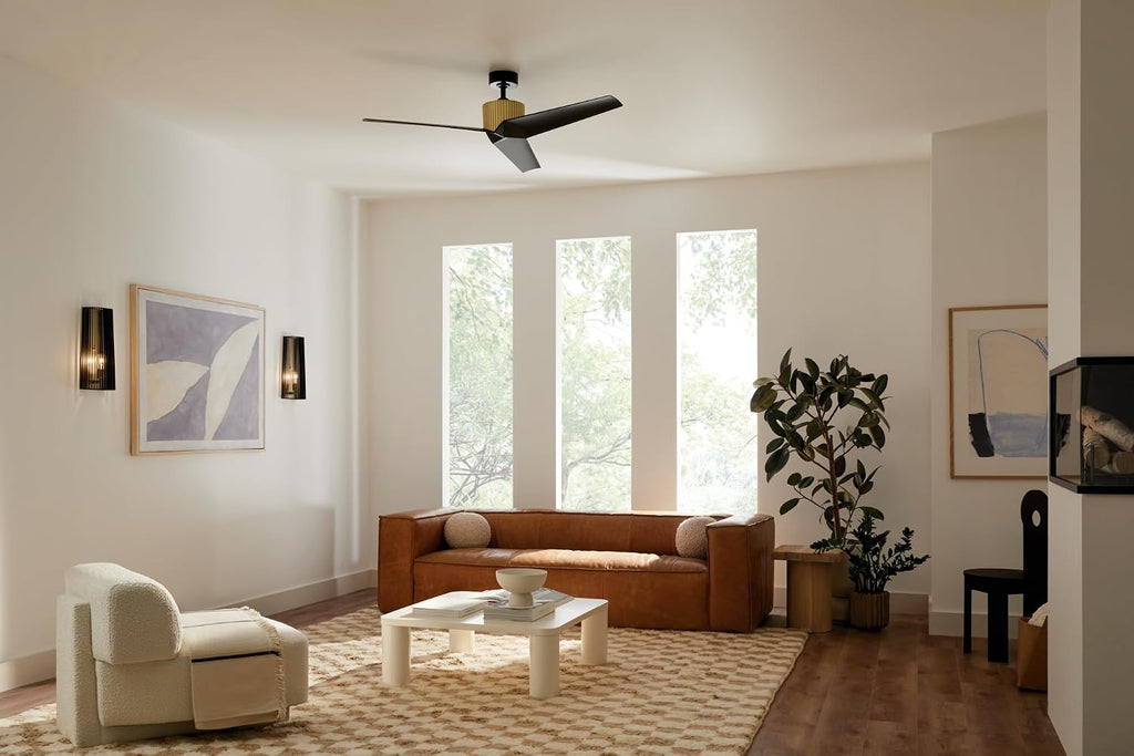 Kichler Almere 56 in 3 Blade Indoor Ceiling Fan without Light, Modern Natural Brass with Satin Black Blades for Living Room, Bedroom, Kitchen, 330130NBR