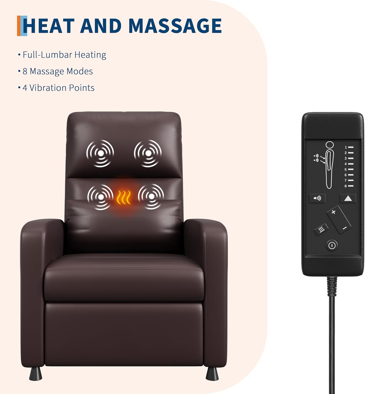 Power Recliner Chair with Heat & Massage, Adjustable Electric PU Leather Single Sofa, Ergonomic Tall-Back Padded Seat, Home Theater Seating Recliner for Living Room