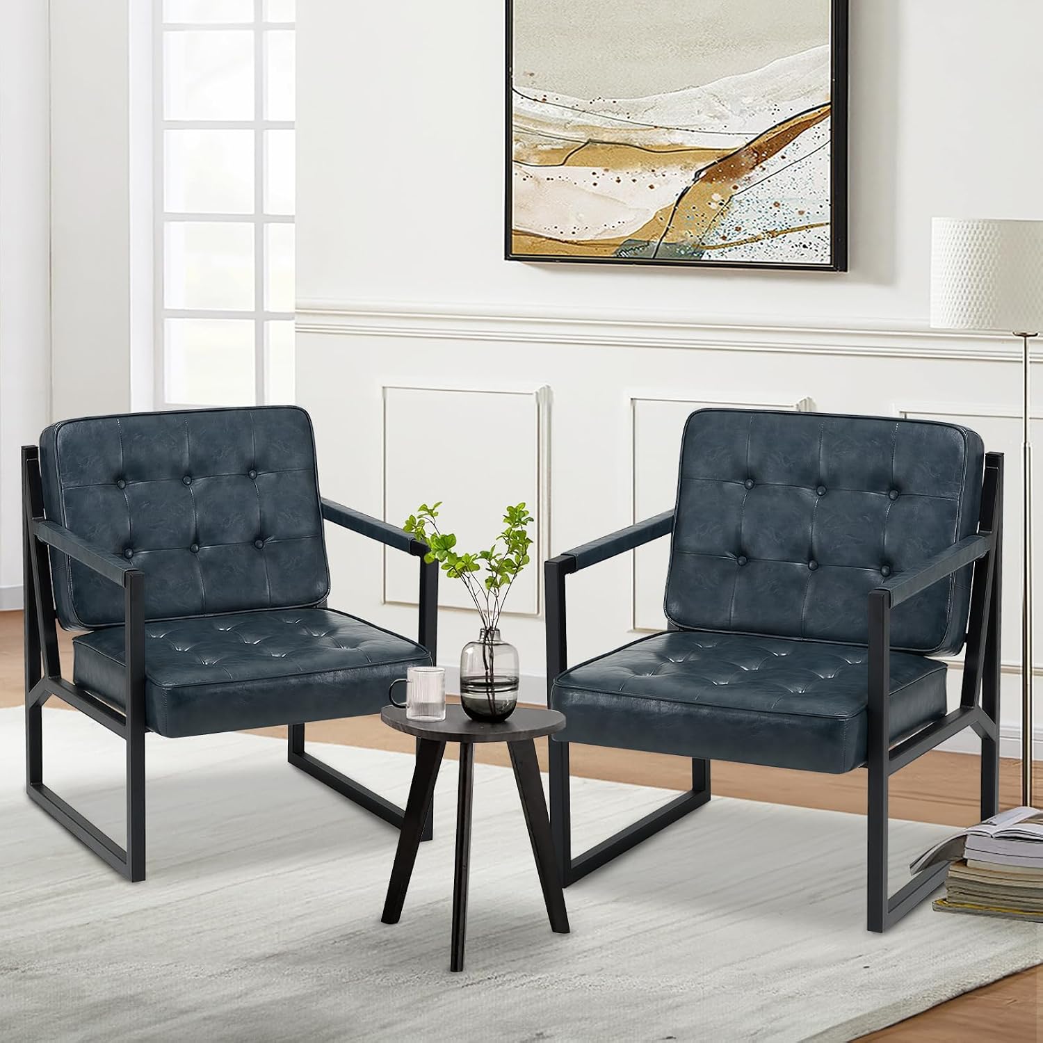 MALOL Accent Chairs Set of 2, Modern Accent Arm Chairs for Living Room, Comfy Leather Armchairs with Metal Legs for Bedroom Reception Room, Blue