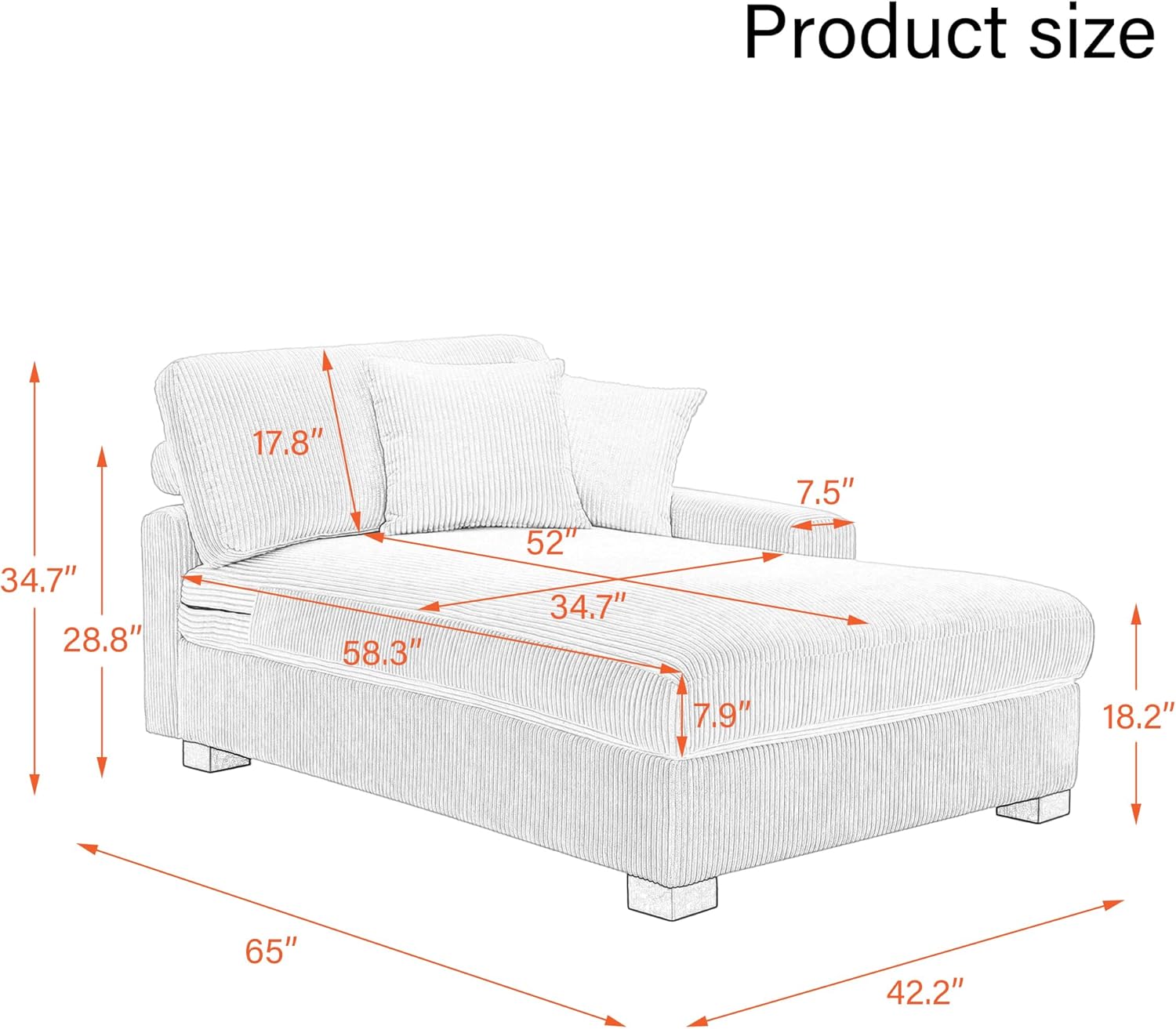 65' Chaise Lounge Chair Indoor, Oversized Upholstered Recliner Sofa Bed for Living Room, Fluffy Plush Faux Fur Cloud Sofa Sleeper Couch Bedroom Reading Seat - Gray, Left Armrest