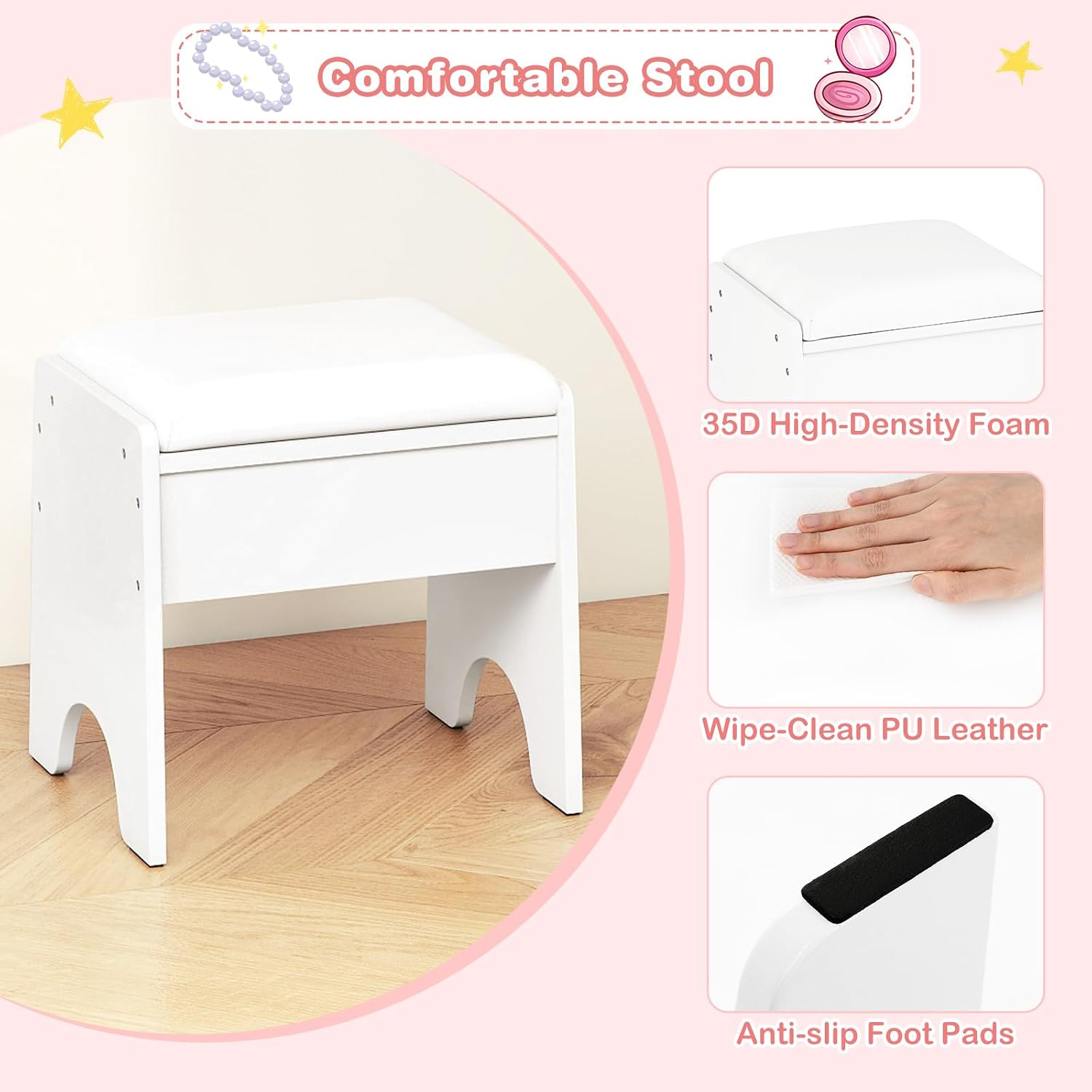 INFANS Kids Vanity with Lights, Princess Makeup Desk with Mirror Storage Shelves, Toddler Table and Chair Set Pretend Play for Girls Aged 4-9 (Cream White)