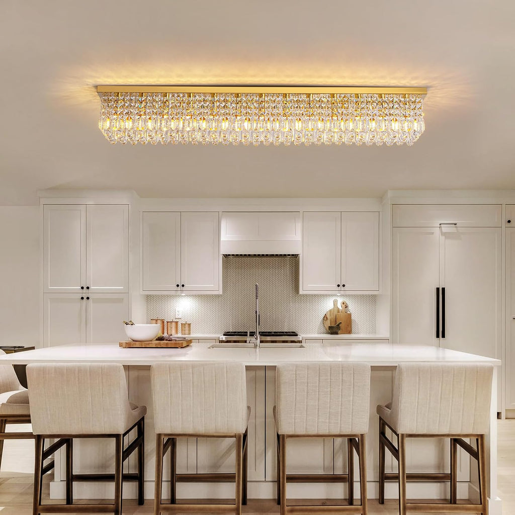 7PM Rectangular Chandelier, Modern Dining Room Light Fixture with Raindrop Chandelier Crystals, 13-Light Flush Mount Rectangle Chandelier for Dining Room, Living Room,Brass Finish L59'' x W10'' x H9''