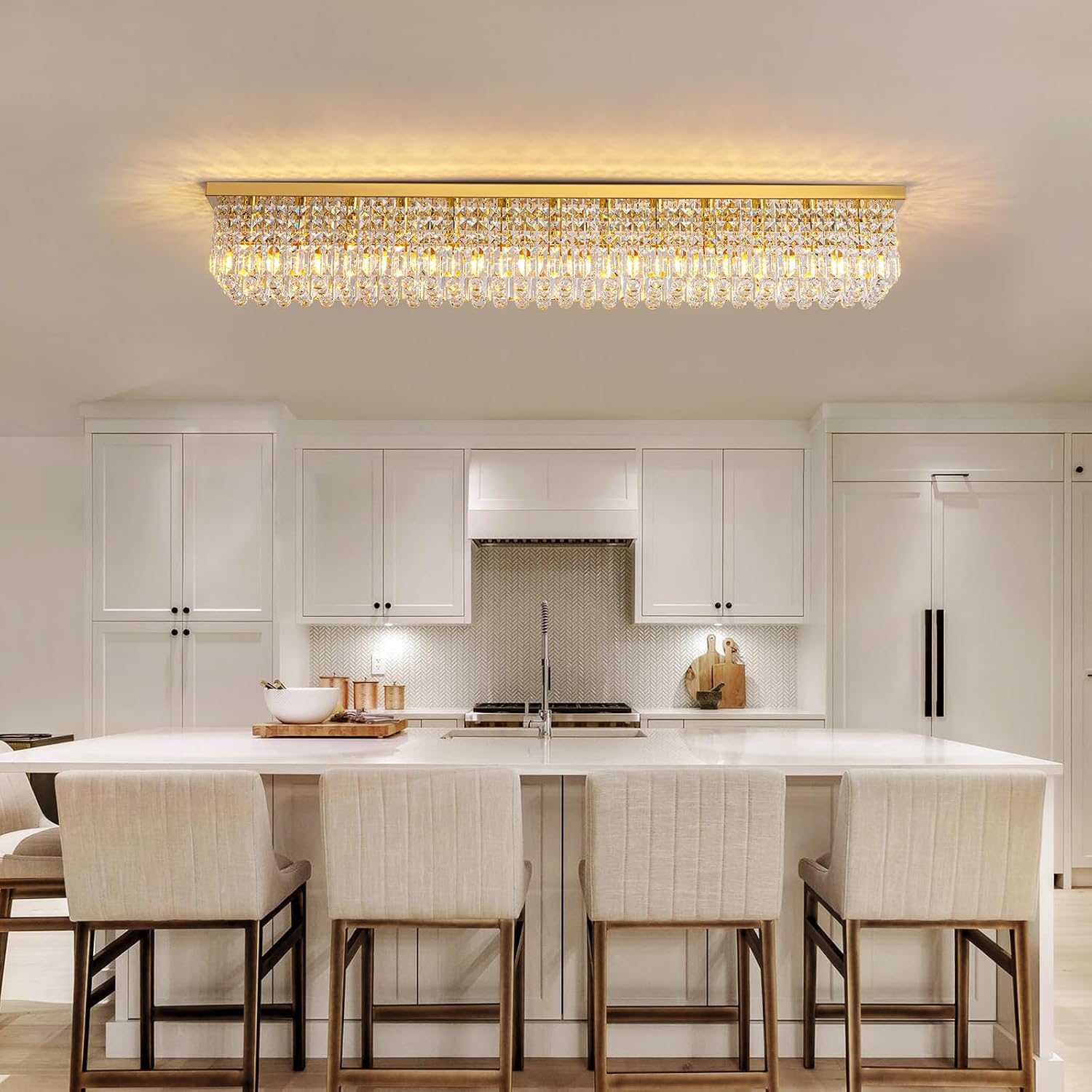 7PM Rectangular Chandelier, Modern Dining Room Light Fixture with Raindrop Chandelier Crystals, 13-Light Flush Mount Rectangle Chandelier for Dining Room, Living Room,Brass Finish L59'' x W10'' x H9''