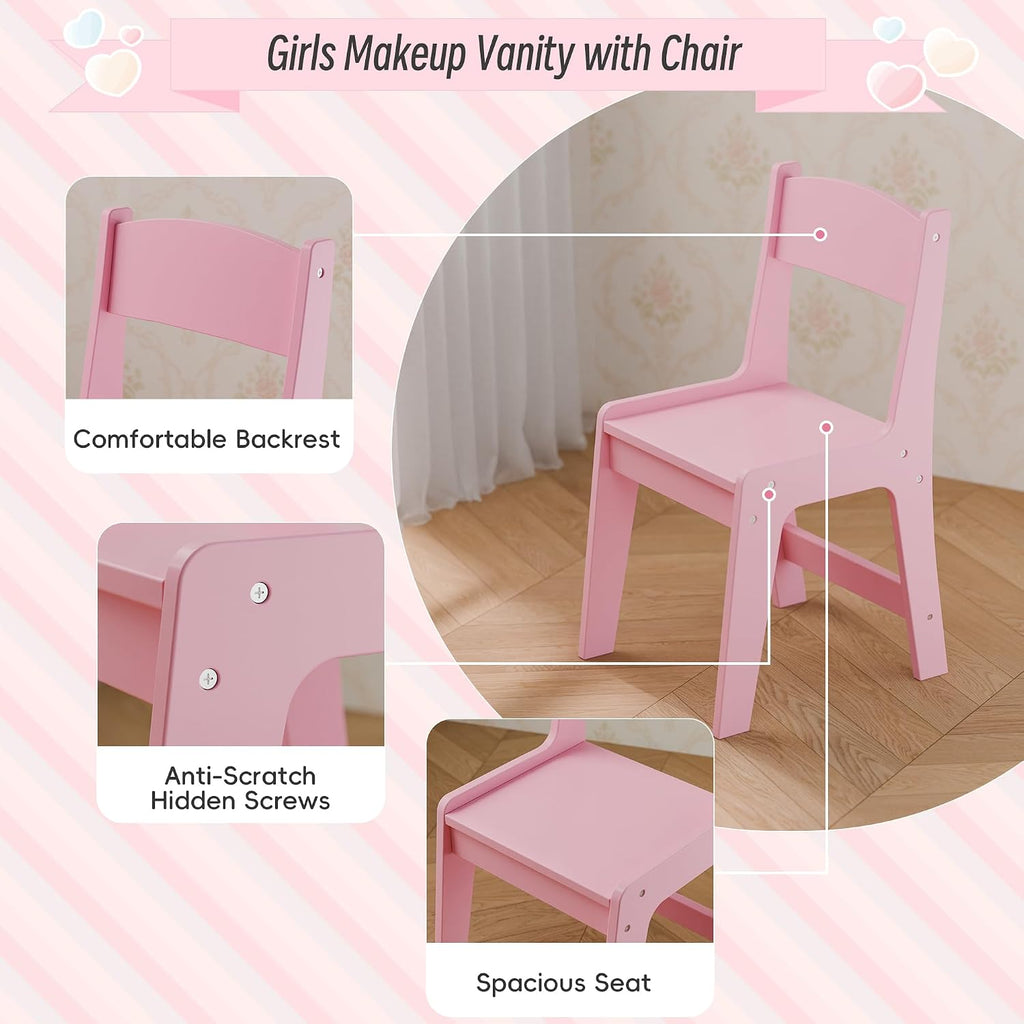 Girls Vanity Table and Chair Set, Kids Vanity with Jewelry Organizer for Princess, Toddler Makeup Vanity Desk with Open Shelf, Closed Cabinet and Butterfly Pattern, Pink