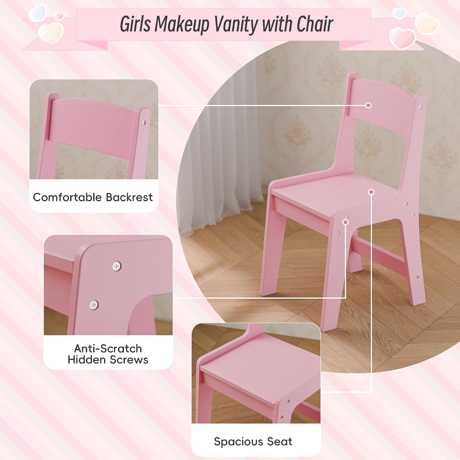 Girls Vanity Table and Chair Set, Kids Vanity with Jewelry Organizer for Princess, Toddler Makeup Vanity Desk with Open Shelf, Closed Cabinet and Butterfly Pattern, Pink
