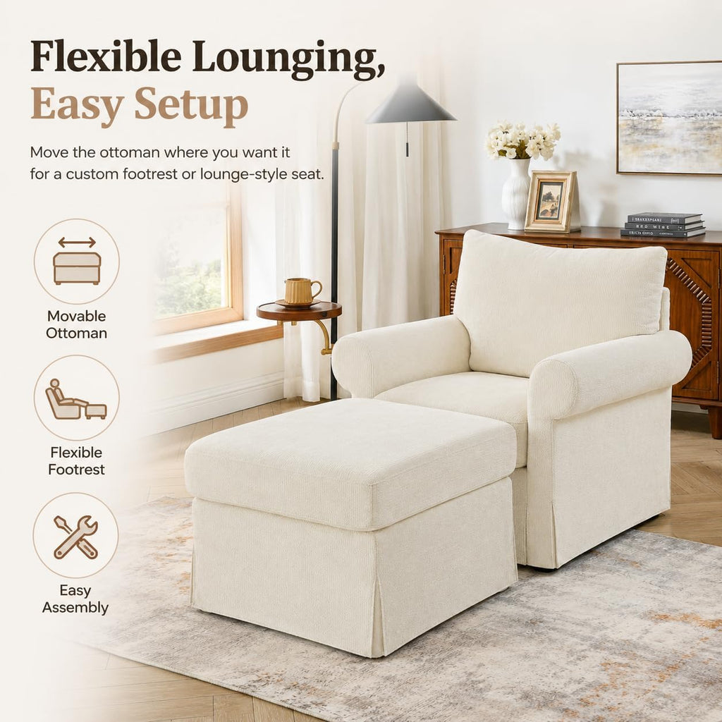 35.82' Accent Chair with Ottoman Set Upholstered Living Room Chairs for Reading Chair with Chaise Lounge Chairs Indoor, Comfortable Armchair for Bedroom (Beige, 35.82')
