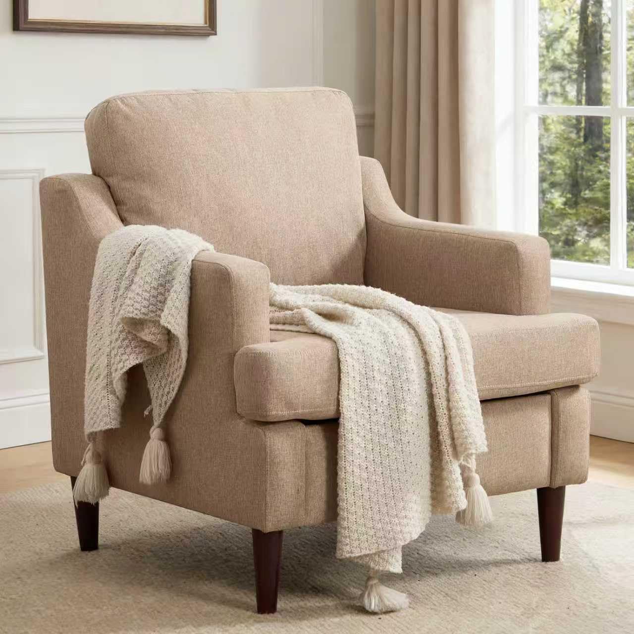 Ketaiyou Mid-Century Accent Chair Modern Linen Fabric Armchair for Living Room,Comfy Upholstered Reading Chairs for Bedroom,Single Sofa Chair with Wood Legs (Khaki, Set of 1)