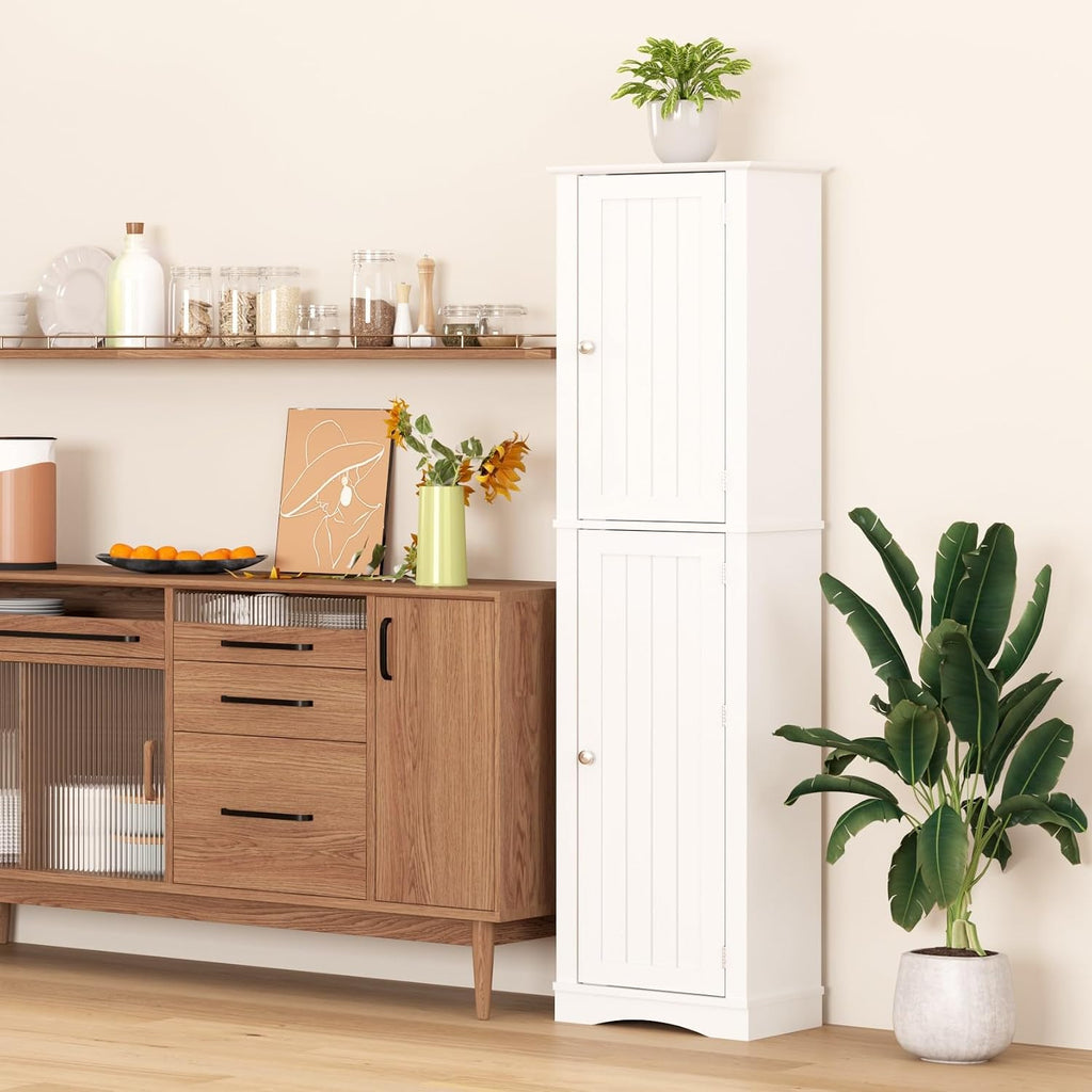 Function Home Tall Storage Cabinet, 64' Narrow Bathroom Cabinets, Freestanding Kitchen Pantry with Door Storage Shelves, Wooden Slim Floor Cabinets for Kitchen Dining Living Room, White