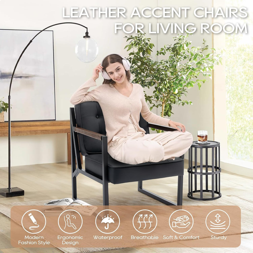 MALOL Black Leather Accent Chair, Accent Arm Chair for Living Room, Comfy Armchair with Metal Legs for Living Room Bedroom Reception Waiting Room