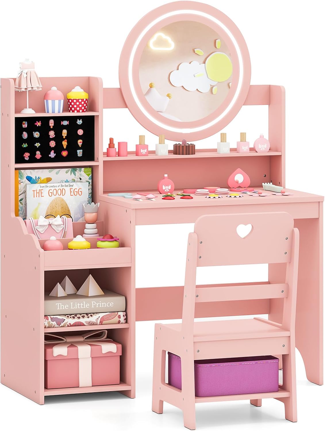Costzon Kids Vanity, Girls Vanity Set with Mirror and Lights, Jewelry Storage, Shelves, Princess Toddler Makeup Vanity Desk Dressing Table, Wooden Kids Vanity Table and Chair Set (Pink)
