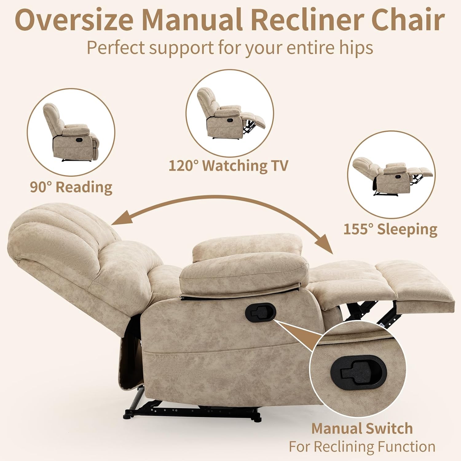 Manual Recliner Chair for Living Room, Single Sofa Recliners for Adults 350LBS, Heavy Duty Reclining Max 155 Degrees, Fabric Beige