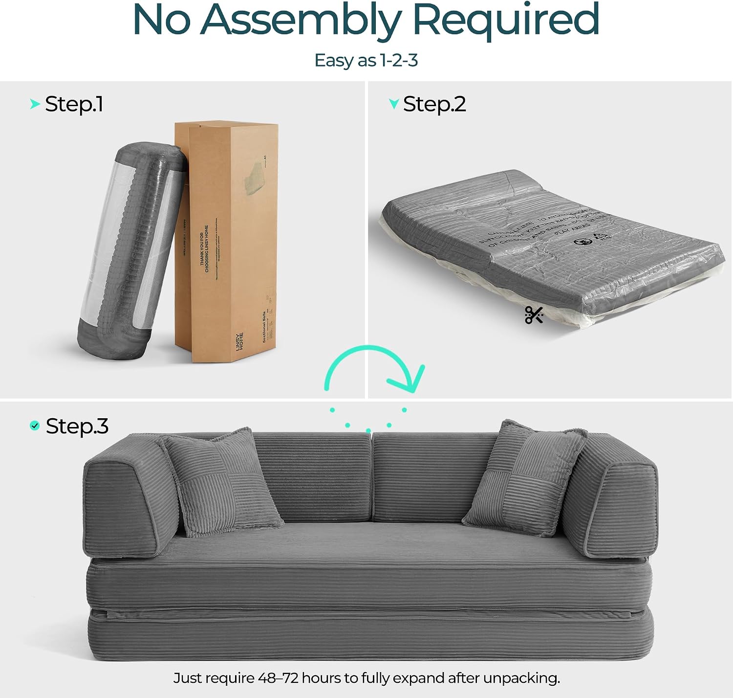 LINSY HOME Sofa Bed Couch - Convertible Boneless Couch Bed with 2 Pillow (Grey) | Folding Sofa Bed