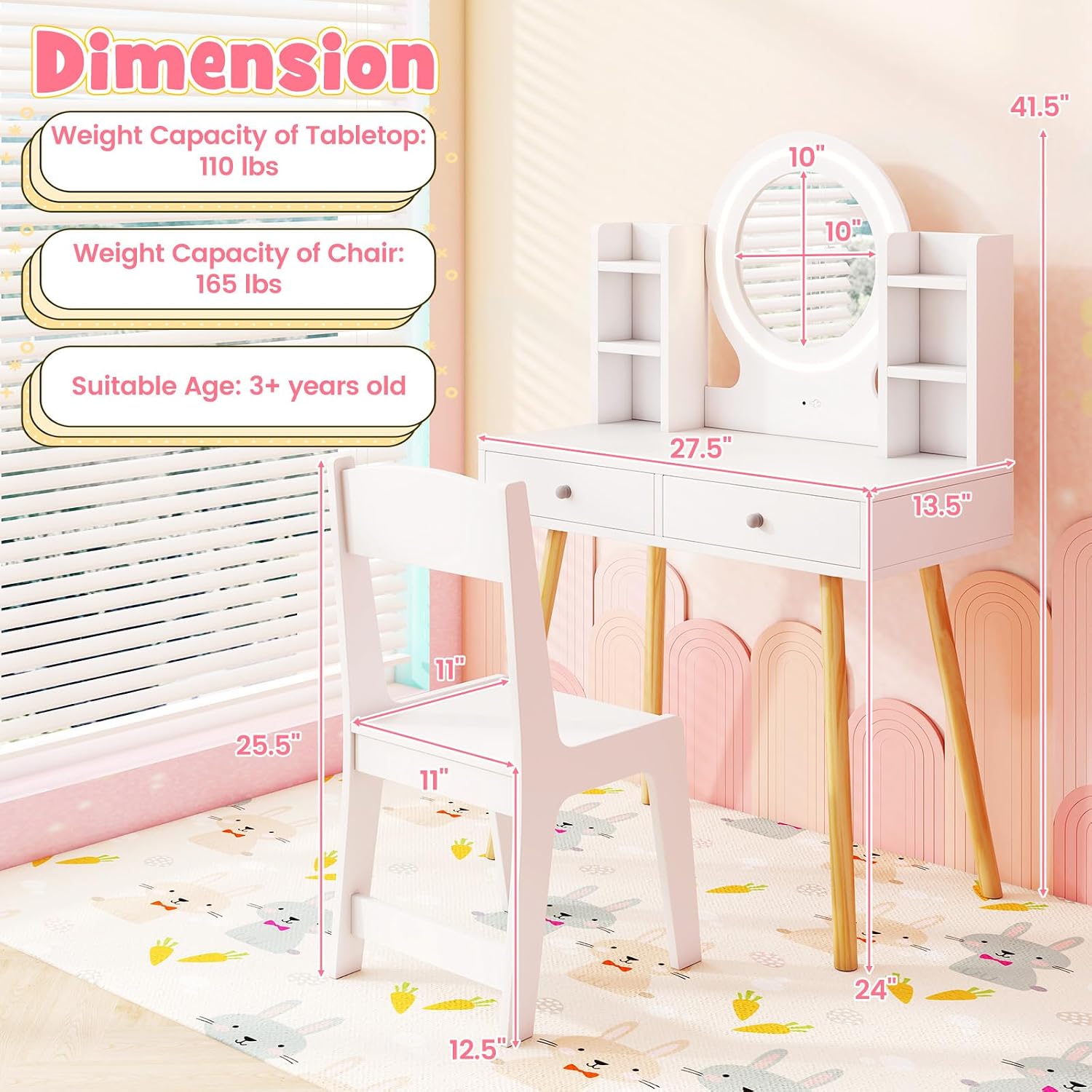 HONEY JOY Kids Vanity, Girls Vanity Set with Mirror and Stool and Lights, Drawers & Storage Shelves, Toddler Makeup Vanity Dressing Table, Pretend Play Kids Vanity Table and Chair Set (White)